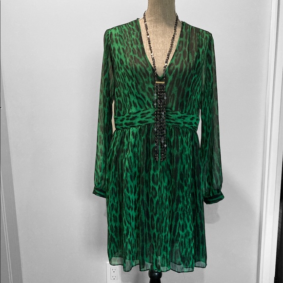 Michael Kors Green Black Animal Print Long Sleeve V Neck Midi Dress 16 - Picture 2 of 11